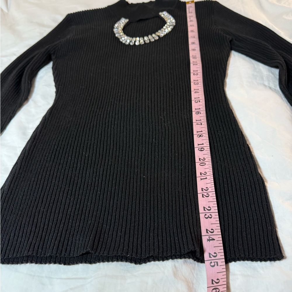 Black Ribbed Long Sweater with Rhinestone Embellishment - Picture 8 of 10